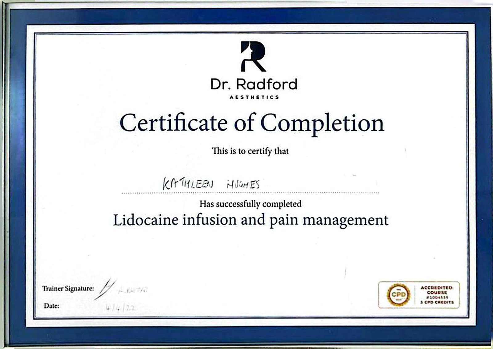 lidocaine infusion andpain management certificaion form dr. Radford